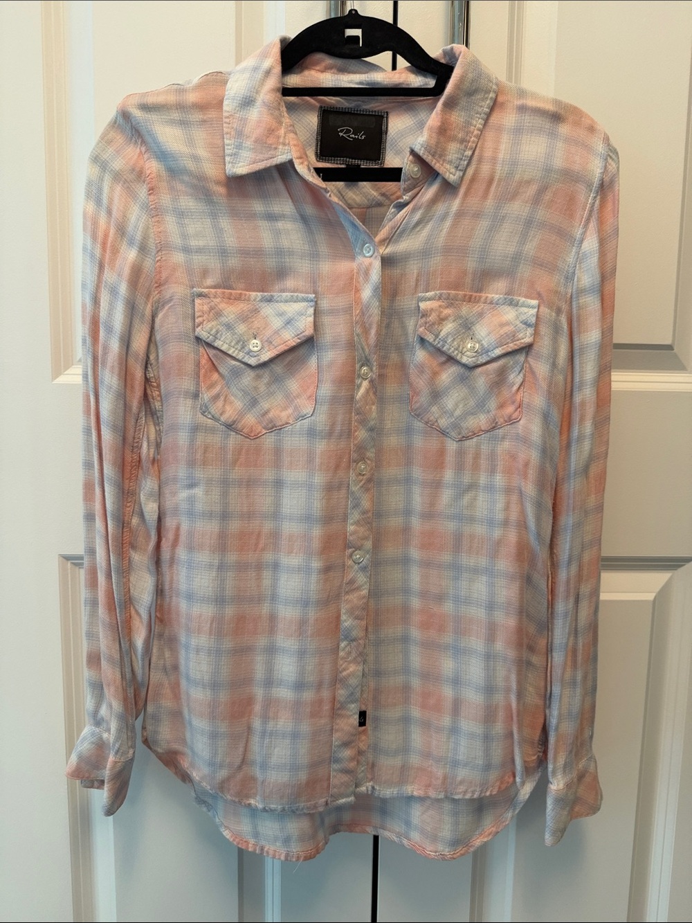 Rails Peach and Light Blue Plaid Button-Down Shirt